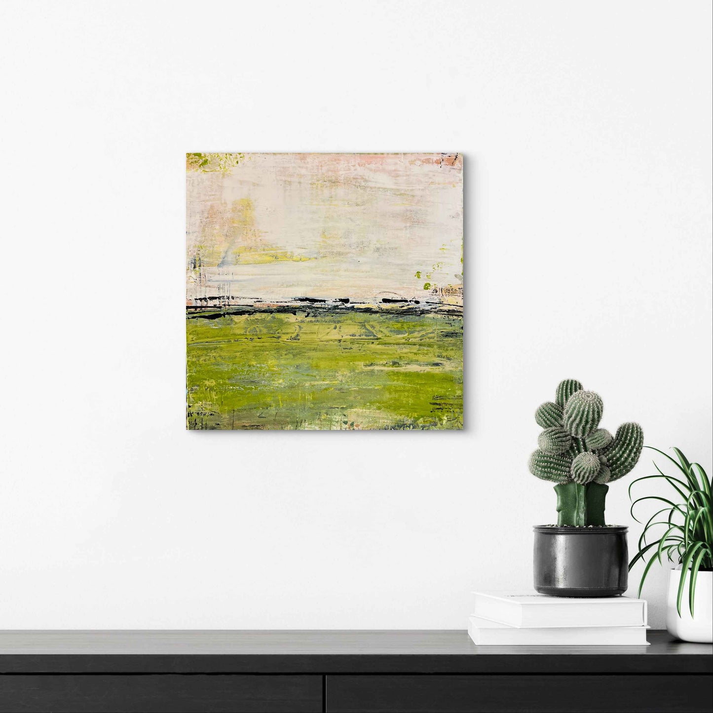 Playful blue‑green artwork with soft peach and pink accents