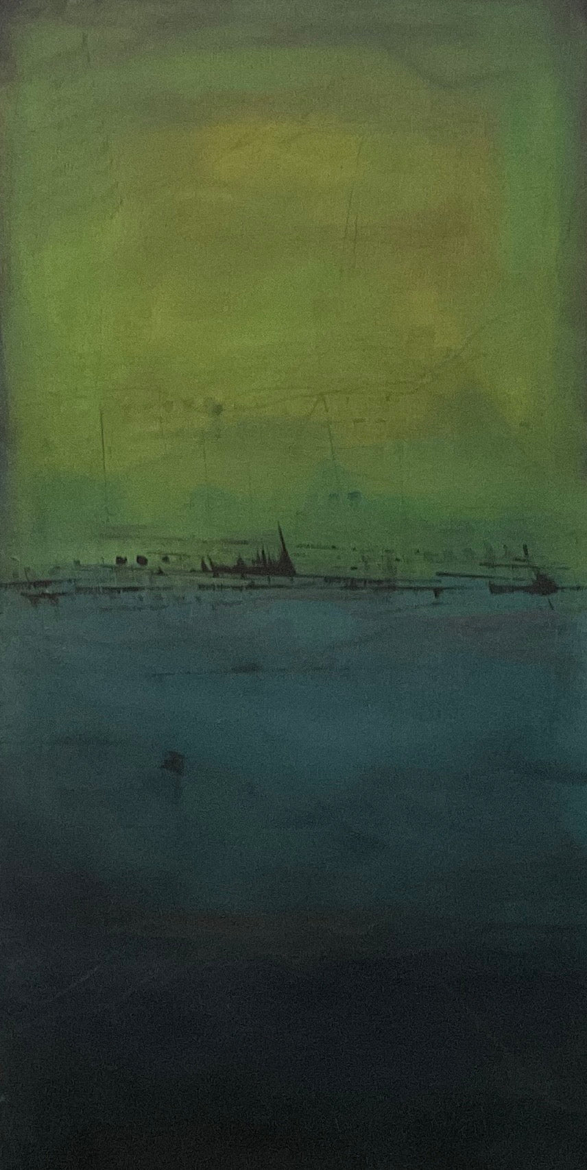 Horizontal earth‑tone abstract painting with blended layers of clay, ochre, teal, and green creating a soft, atmospheric gradient.