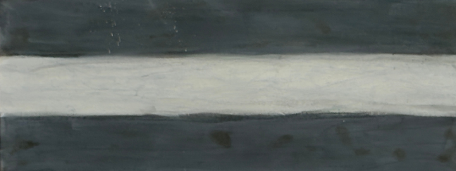 Abstract painting with a bright horizontal band of white cutting through dark charcoal fields, creating a dramatic storm‑like contrast.