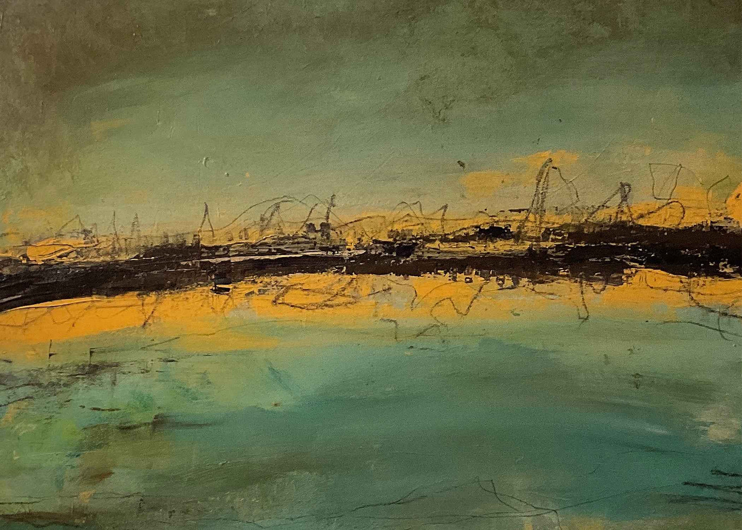 Abstract waterfront painting with hazy green-yellow sky, dark industrial horizon, and reflective wate