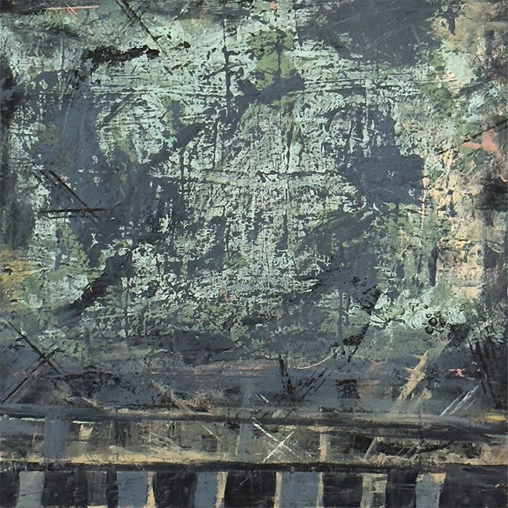"Baby Blue" - 20x20 original mixed media abstract painting by Michelle Ramos featuring textured layers of blue, green, and gold