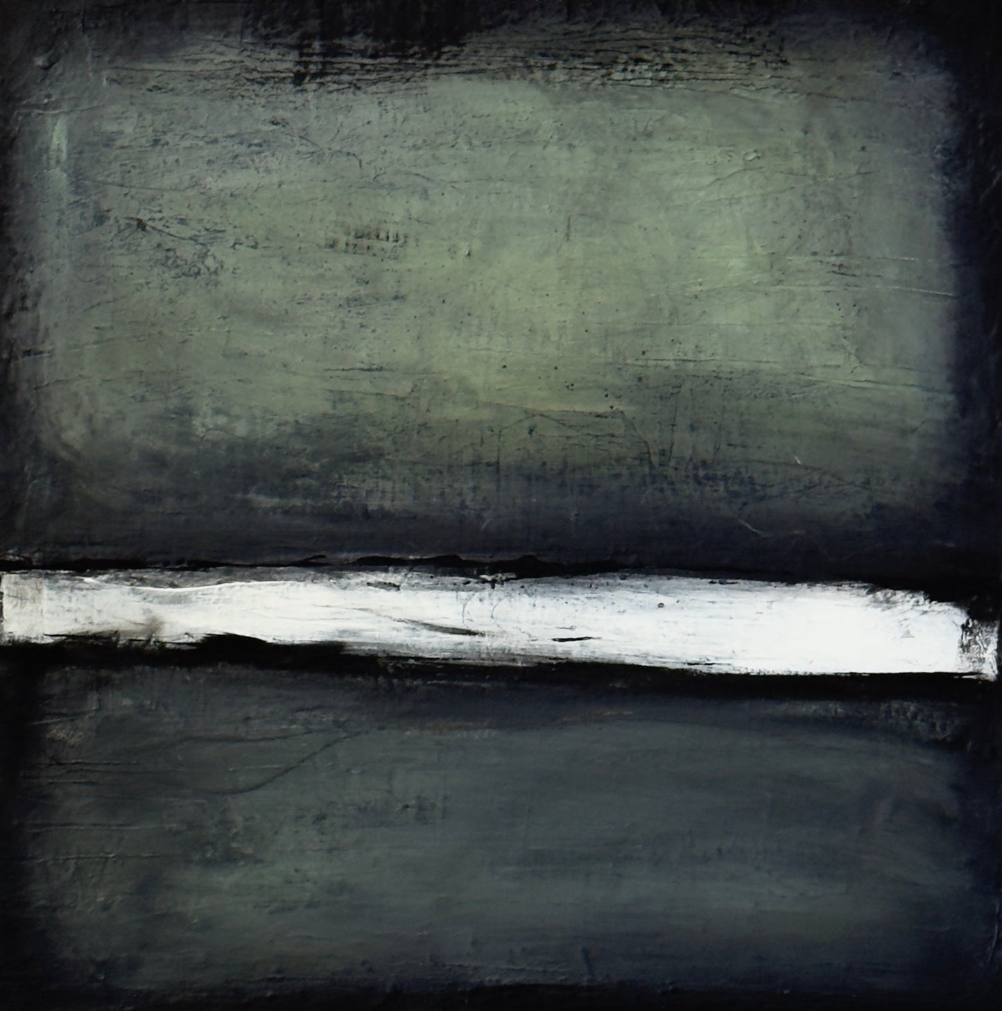 Abstract painting with dark green and black fields divided by a bright textured white band, creating a moody, dramatic contrast.