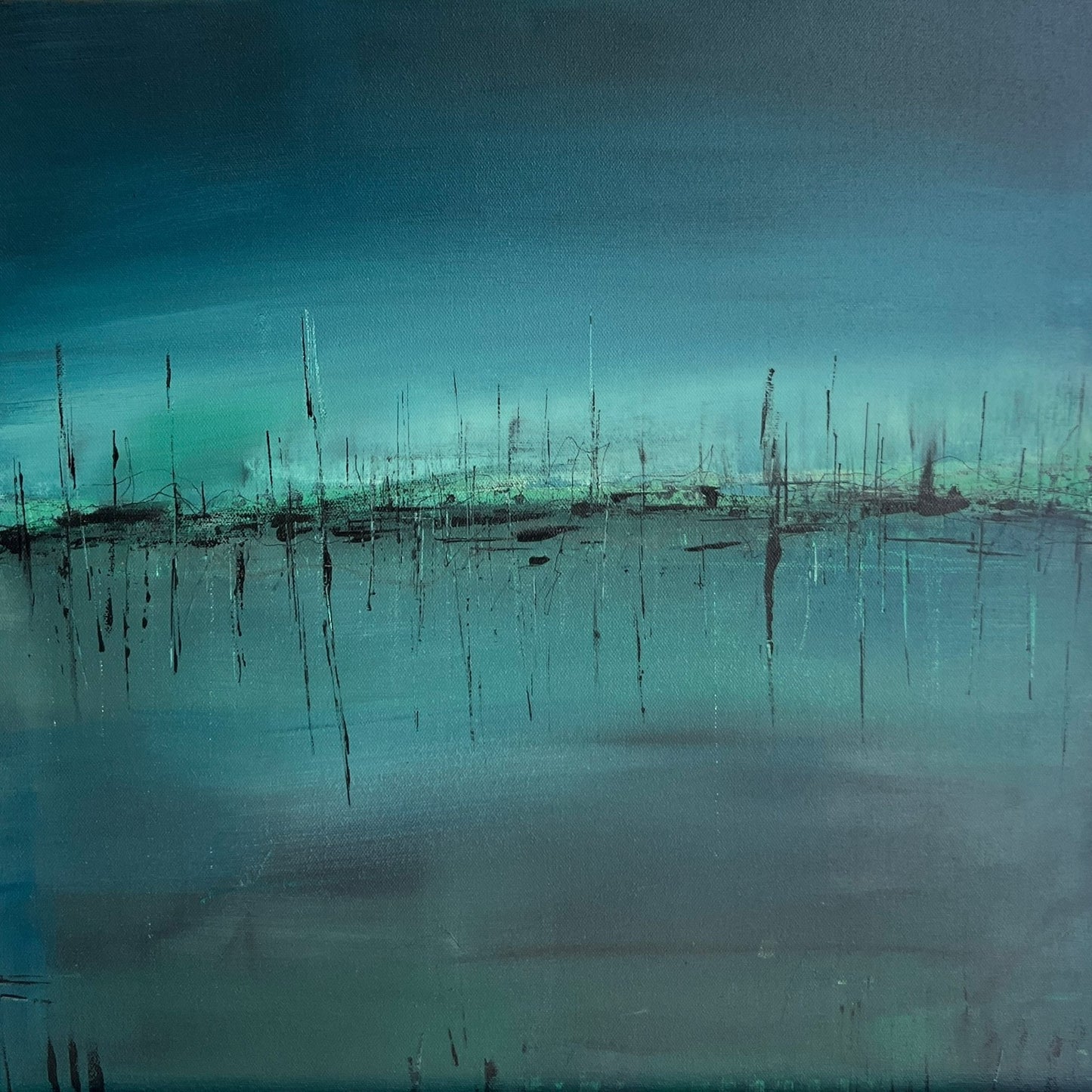 Abstract painting with teal, blue, and grey tones, featuring soft vertical lines and a hazy horizon effect.