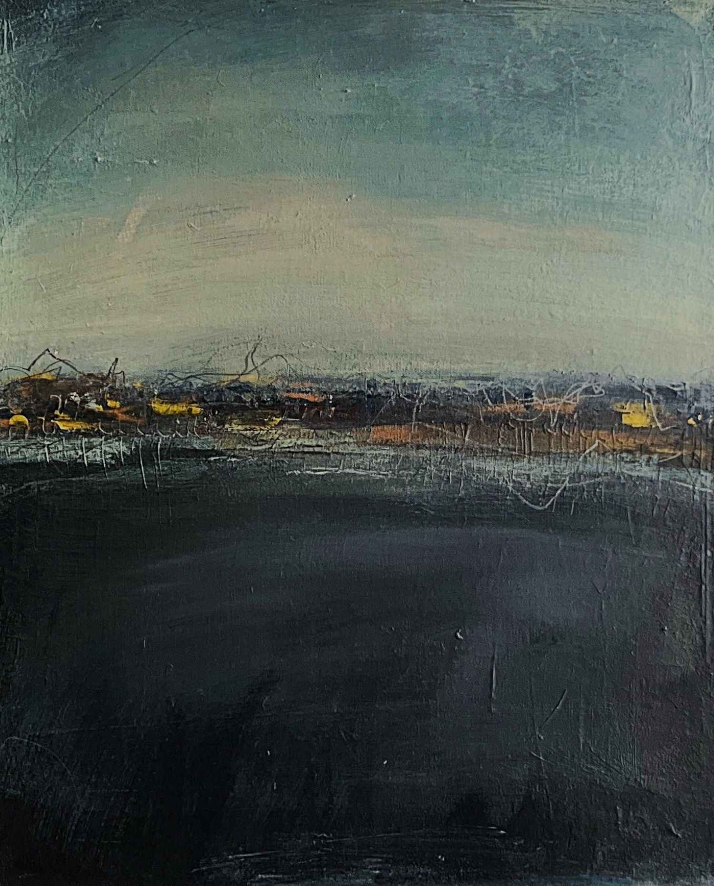 Abstract painting with dark foreground tones and a distant glowing horizon, creating a moody, atmospheric landscape feel.