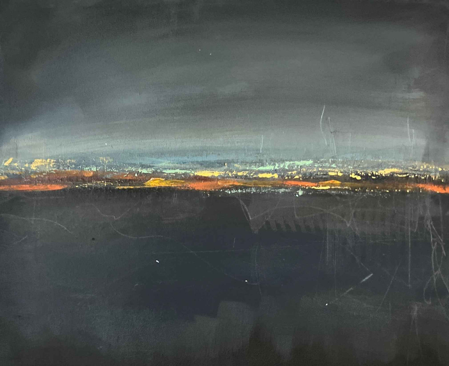 Abstract painting with a dark foreground and a glowing, colorful horizon beneath a muted sky, creating a moody, atmospheric landscape feel.