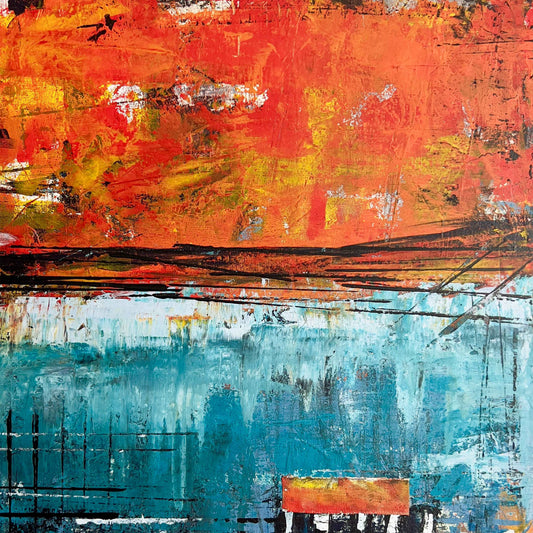 Abstract painting with bold warm and cool color fields divided by a strong horizontal line, creating a vibrant, energetic feel.