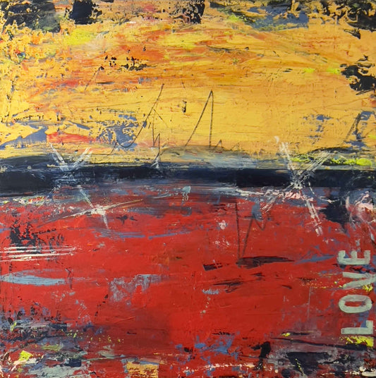 Abstract painting with bold red, orange, and dark tones, layered textures, and expressive marks creating a vibrant, energetic feel.