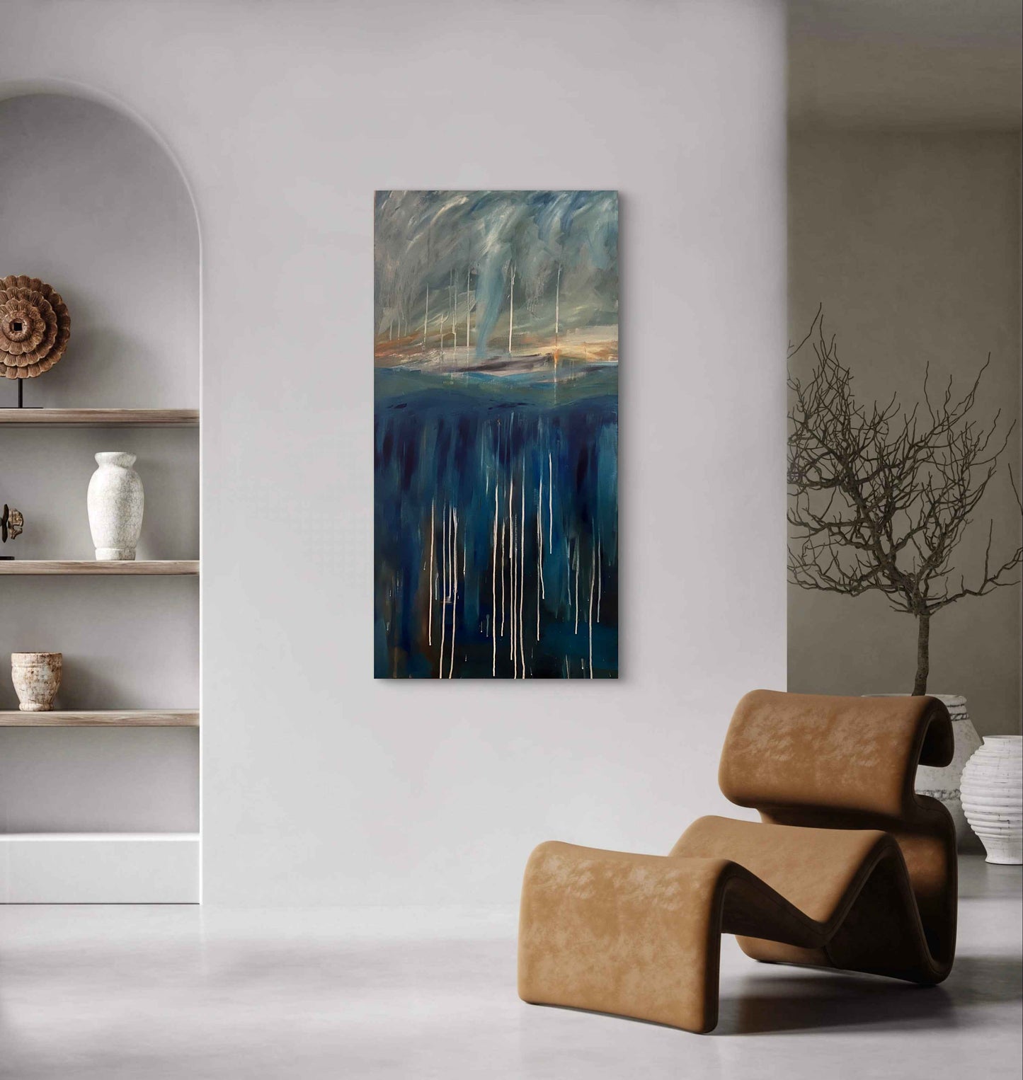 Abstract painting titled “Lost for you” displayed unframed in a modern interior, showing its stormy palette and warm horizon band.