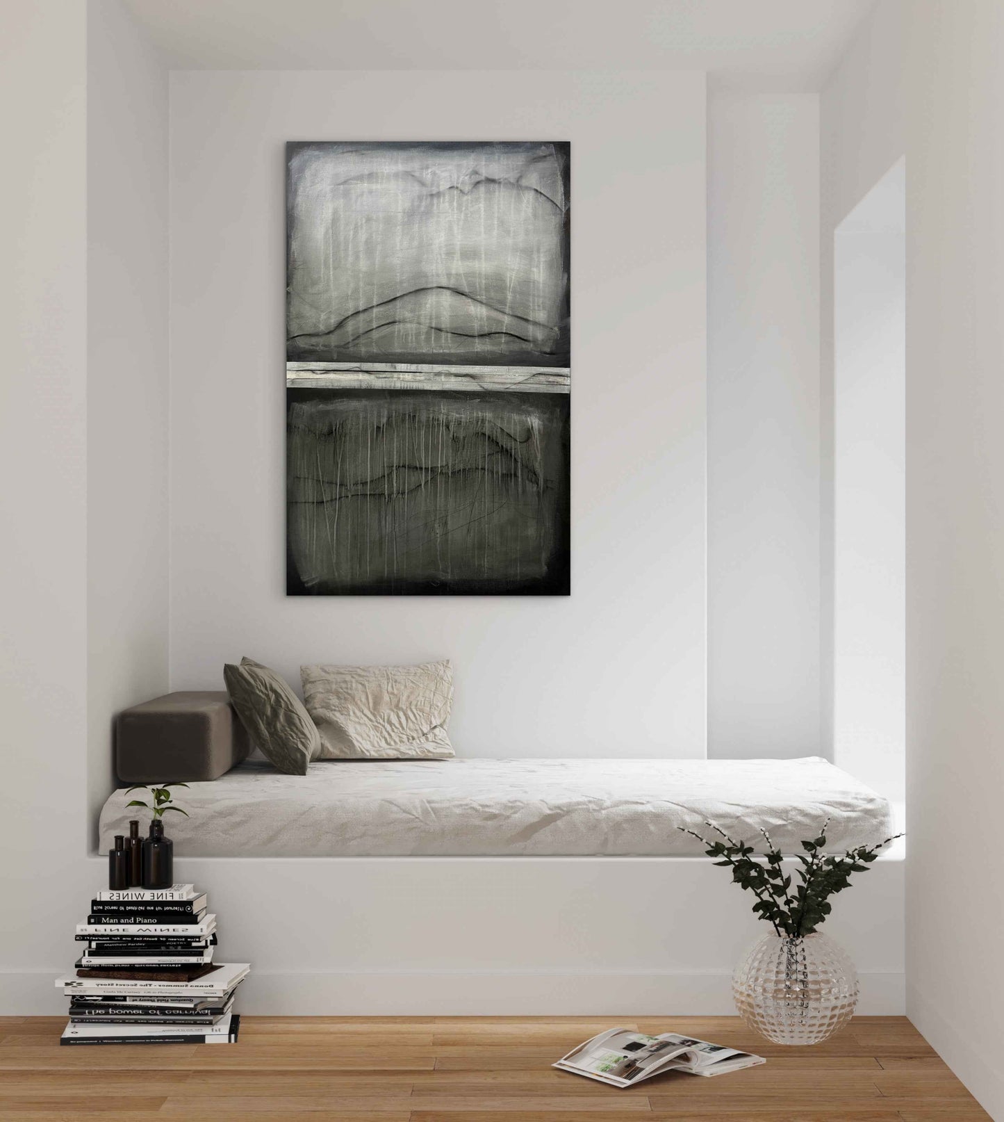Layered abstract landscape artwork displayed in a minimalist interior, emphasizing emotional suspension and quiet depth
