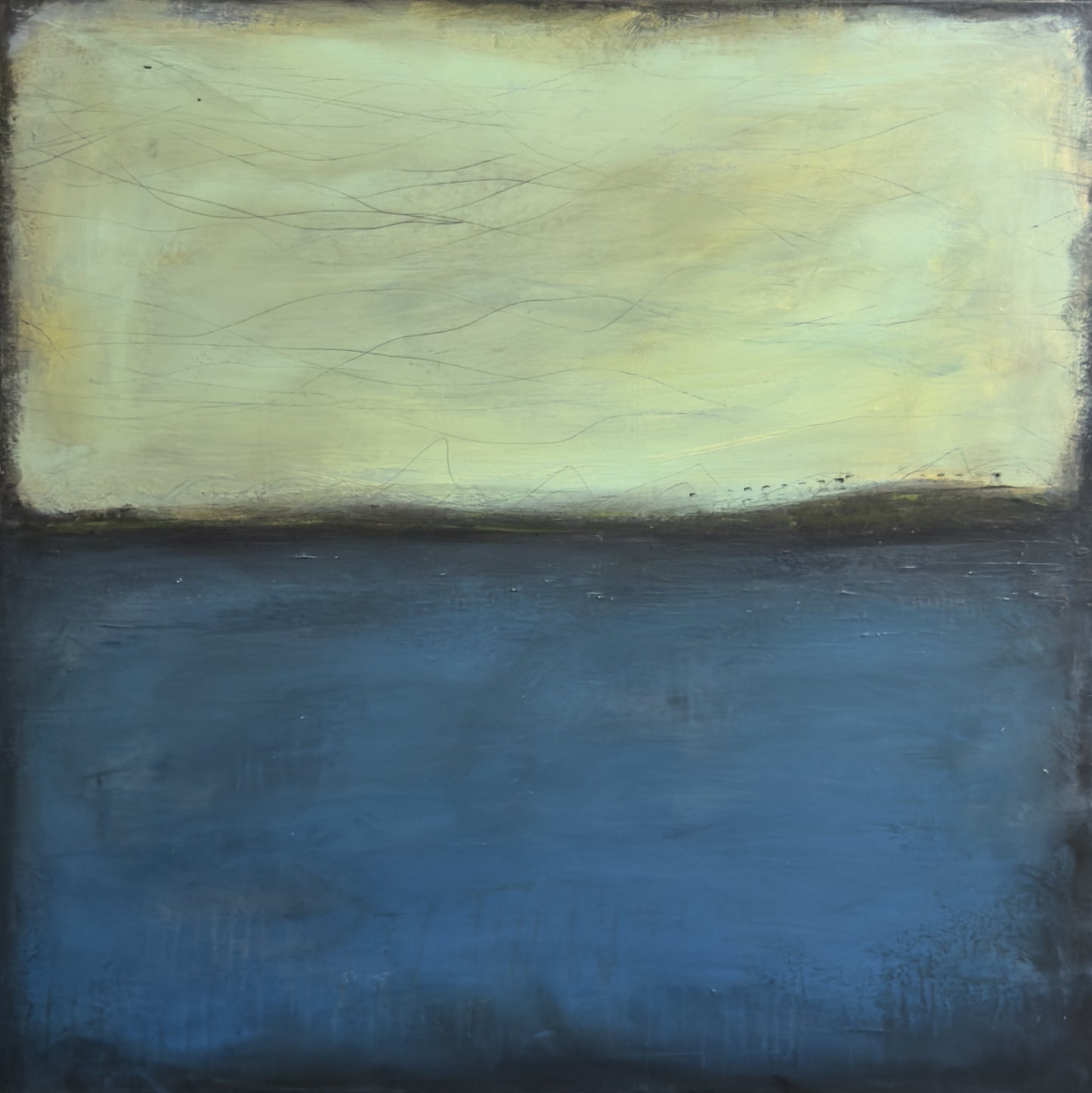 The Only Thing I'm Missing, 30x30" abstract painting by Michelle Ramos. Soft chartreuse and pale yellow tones above a deep navy blue base with delicate linear marks and subtle texture.