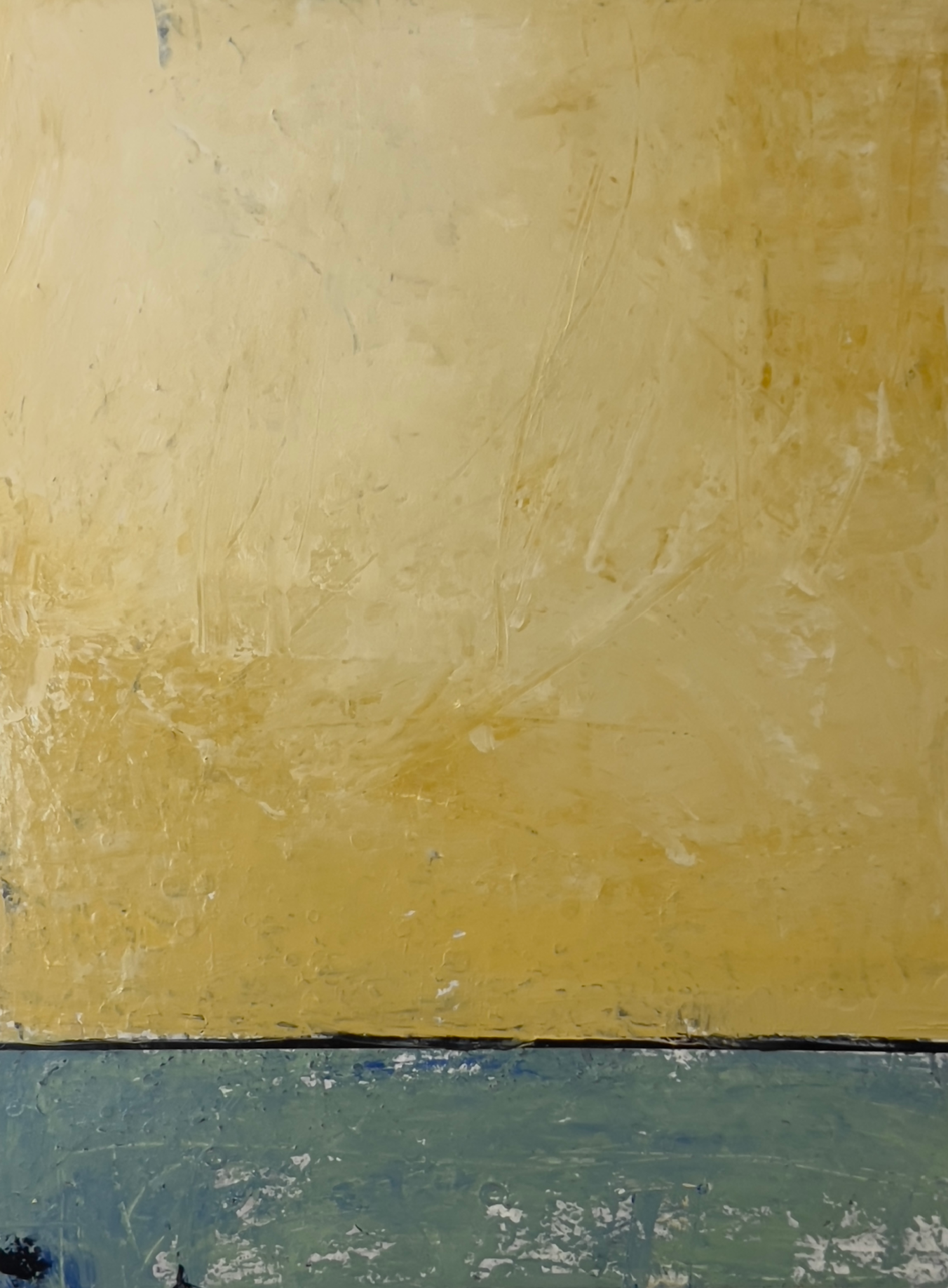 Abstract painting with a textured yellow upper section, muted blue-green lower band, and a thin dark horizon line.