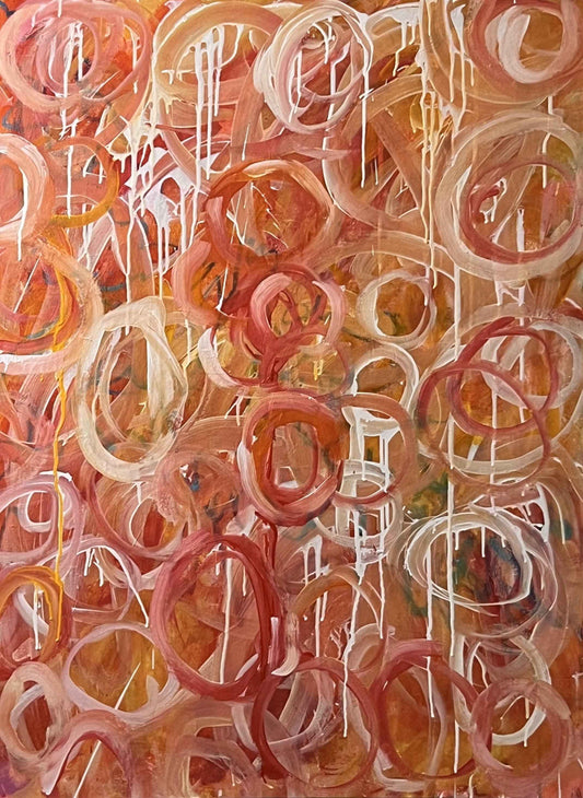 She's Going Around and Around - 30x40" abstract painting by Michelle Ramos featuring swirling rings in red, orange, and pink with white drips