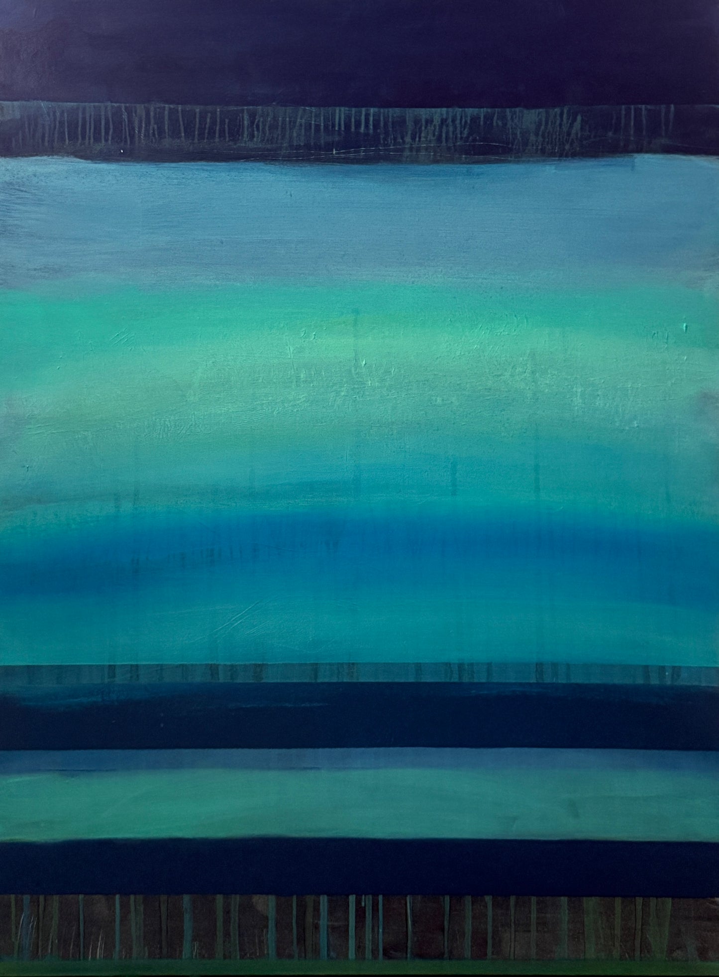 Large 36x48 abstract painting in deep blues, teals, and muted greens with soft atmospheric blending and rolling movement.