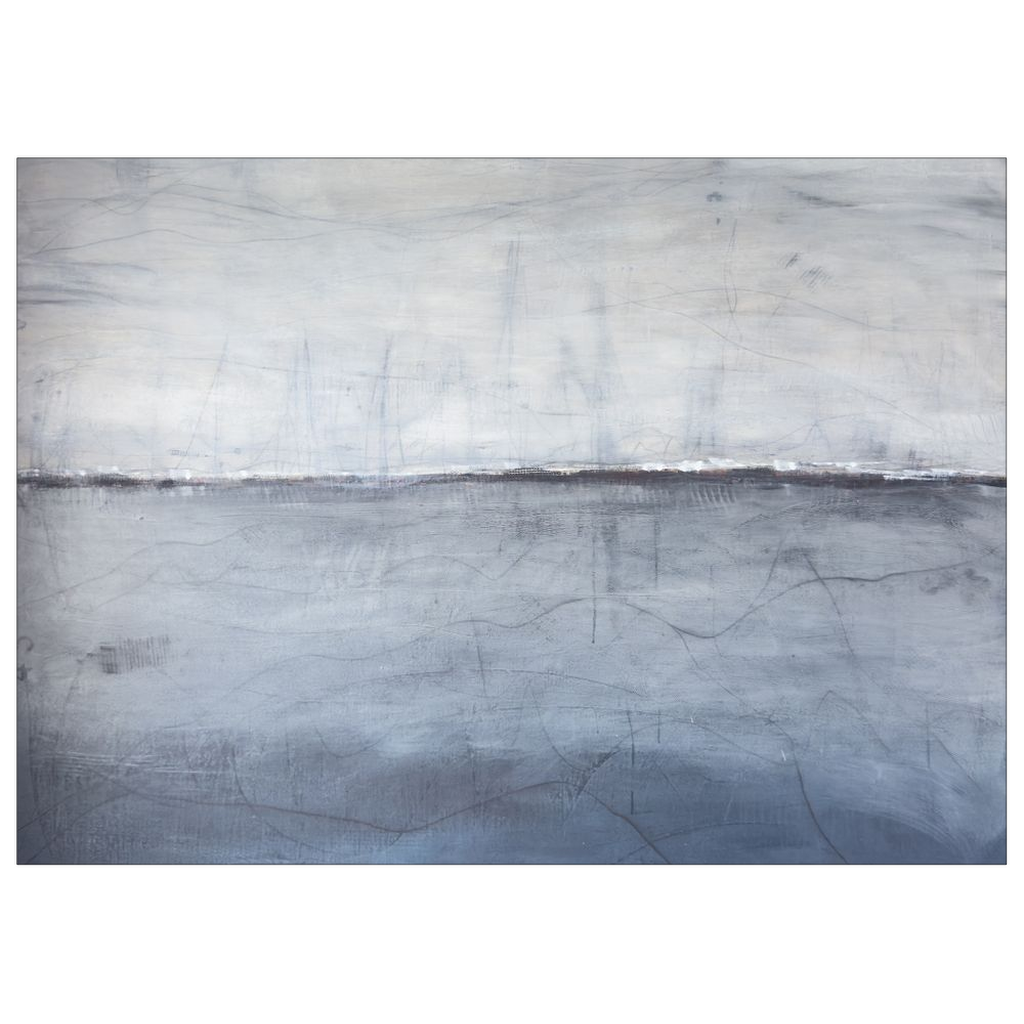 Minimal abstract artwork with a strong horizontal divide, soft neutral tones, and deep layered texture suggesting quiet internal tension.