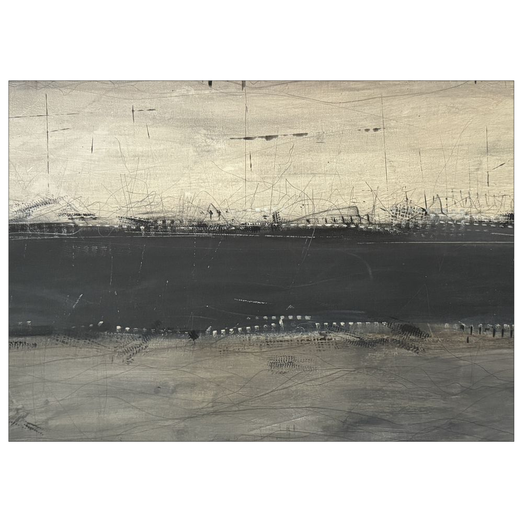 Monochrome abstract artwork with sharp black strokes, layered gray tones, and dynamic movement creating a moody, dramatic composition.