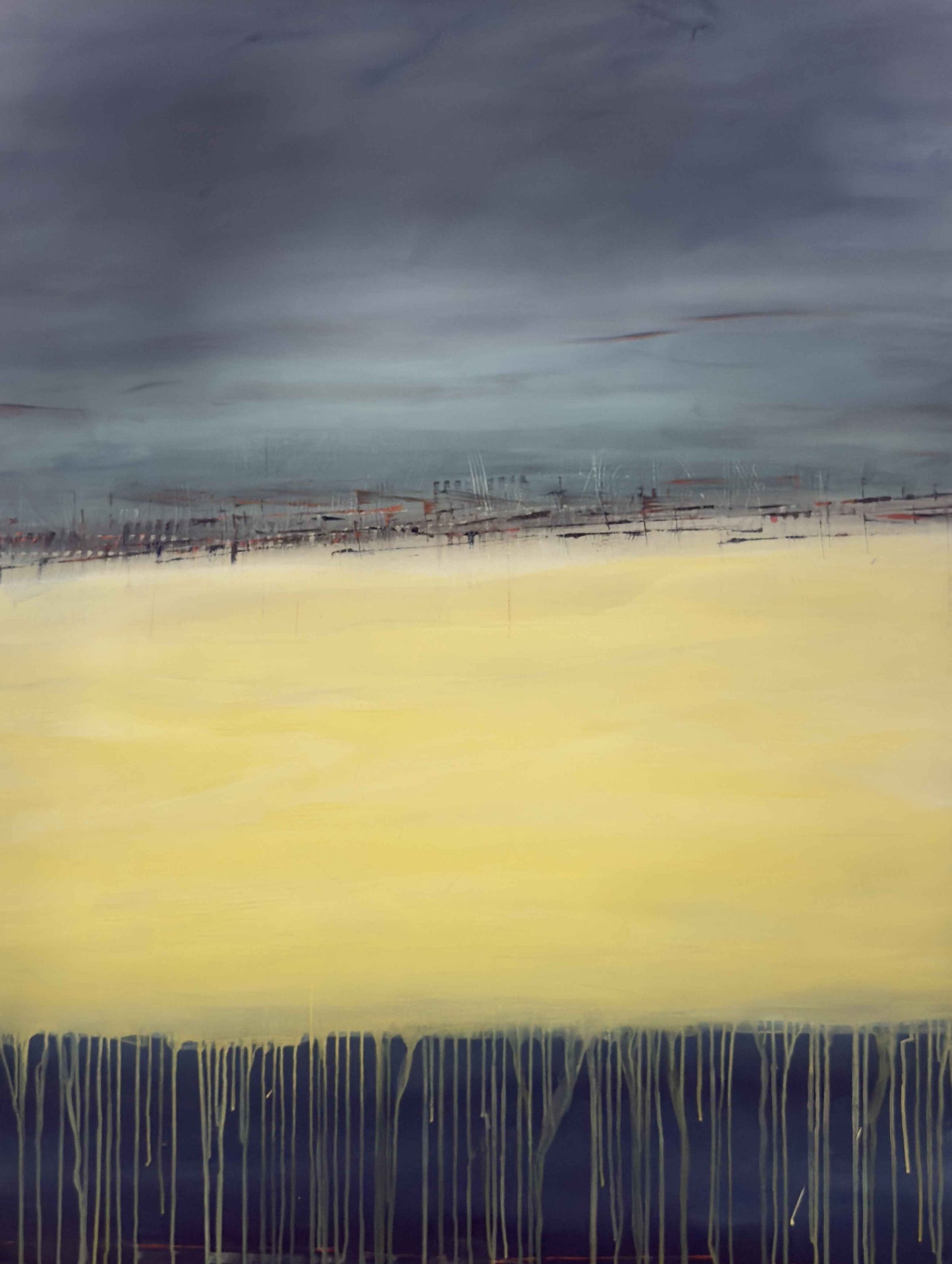 Abstract painting with a stormy blue-gray sky, glowing yellow center, and vertical streaks dripping into a deep blue base.