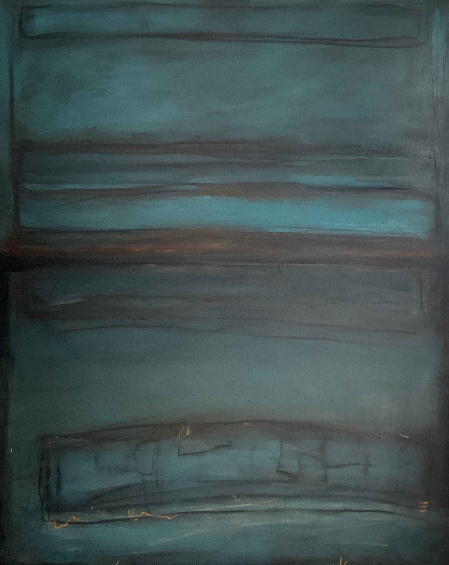 Abstract painting with layered teal, blue, and dark grey horizontal bands creating a moody atmospheric landscape.