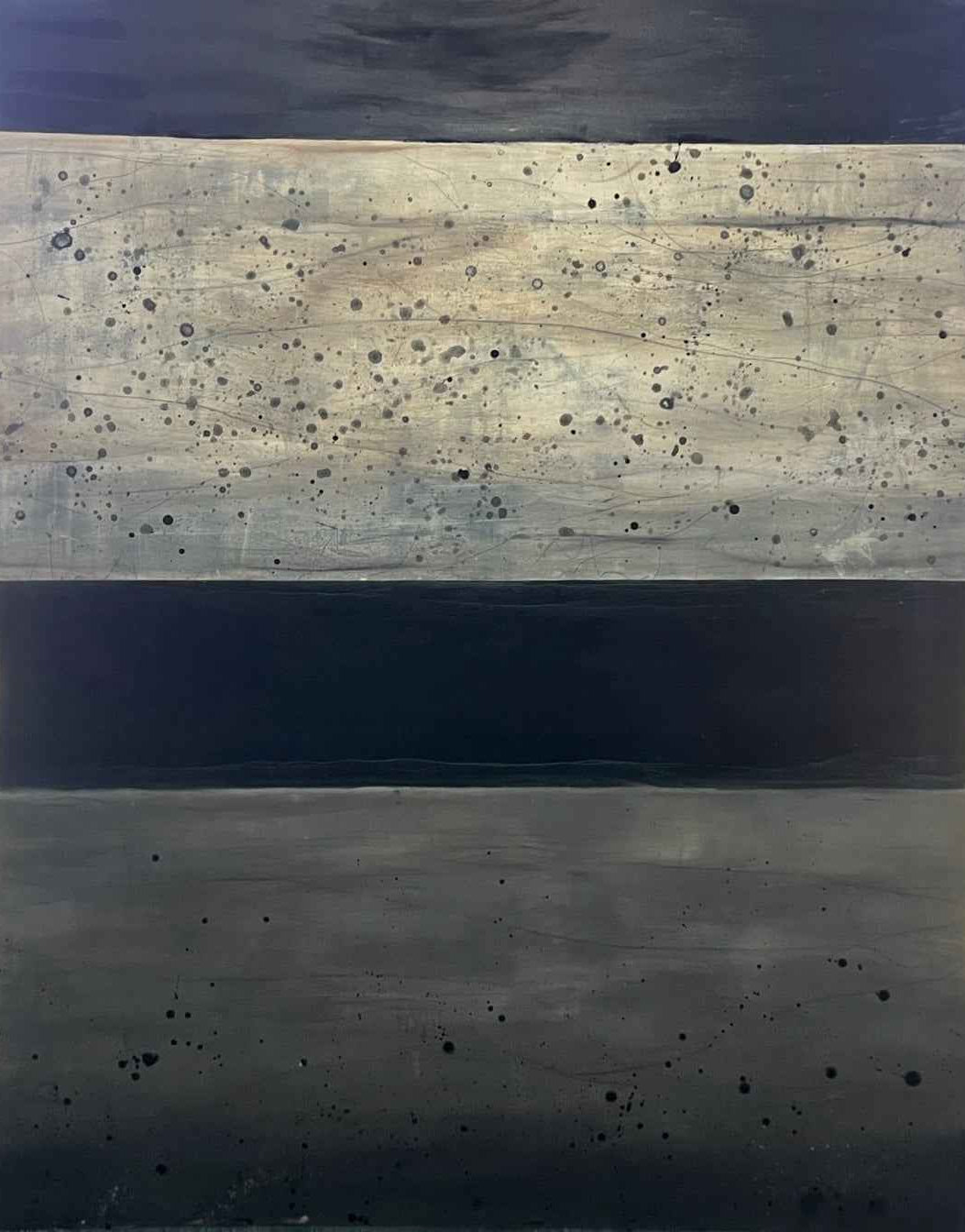 Abstract painting with horizontal bands of black, gray, and beige, featuring splatter texture and fine linework.