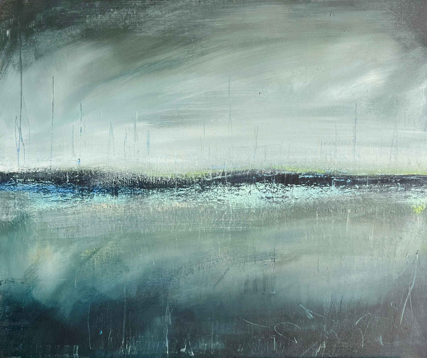 Abstract painting with dark lower tones and a soft misty upper field, creating a moody, atmospheric landscape feel.