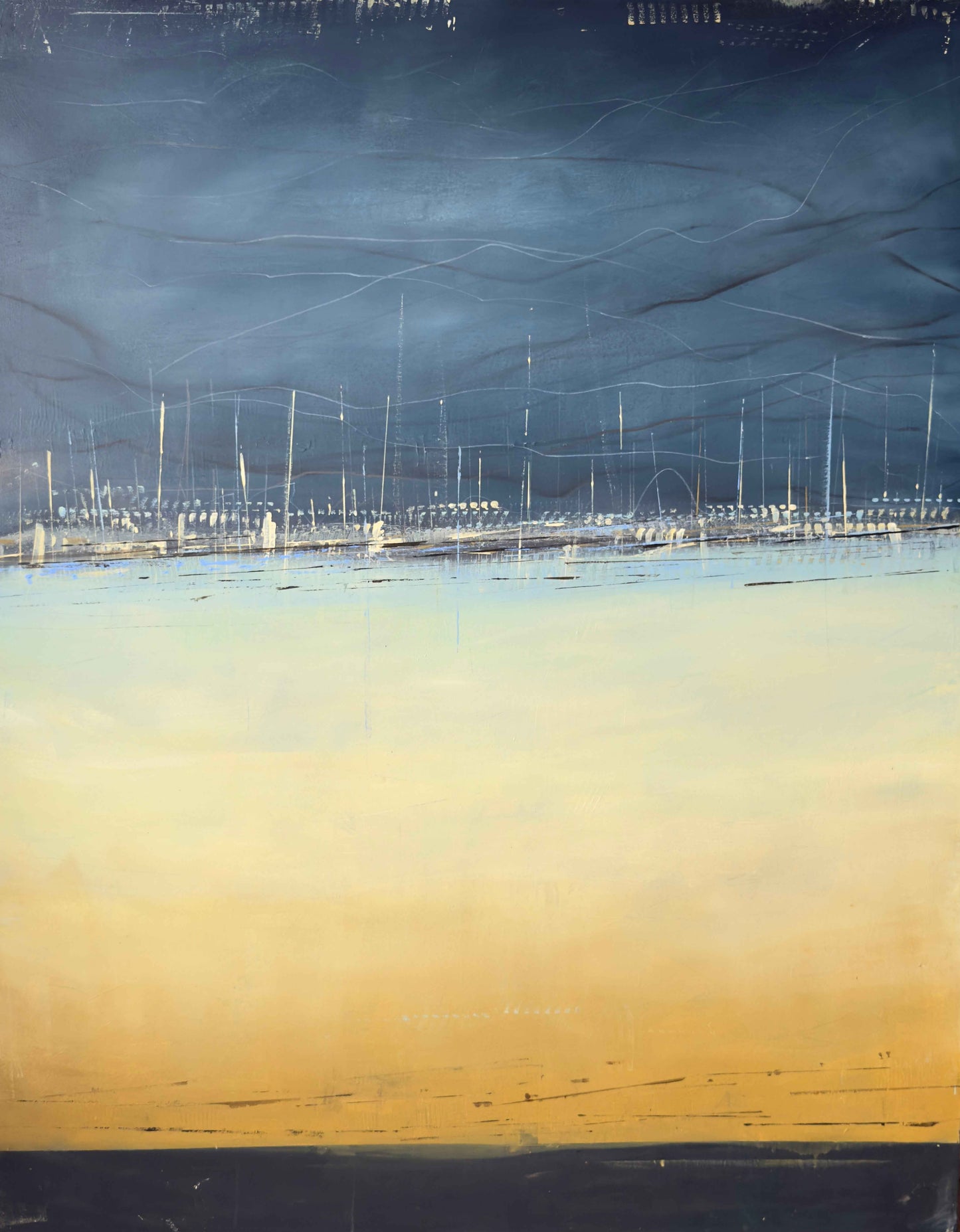 Abstract painting with a dark blue upper band, soft blue-white middle horizon, and warm yellow-orange base.