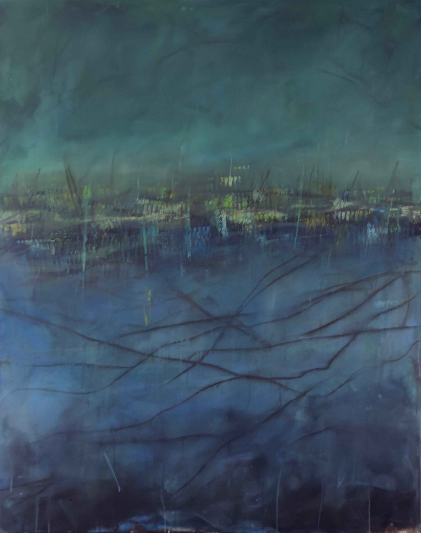 Abstract painting with a green upper field, layered city-like middle band, and deep blue-black base with jagged vertical lines.