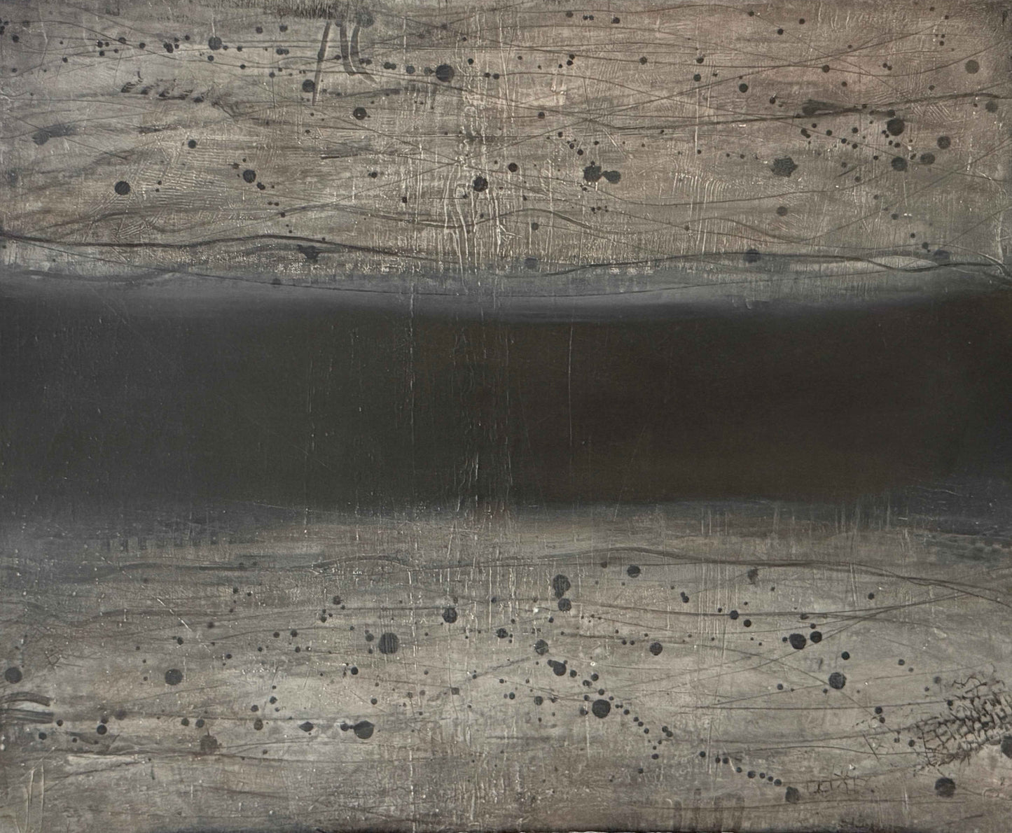 Abstract painting with a bold black horizontal band across the center and textured grey areas above and below.
