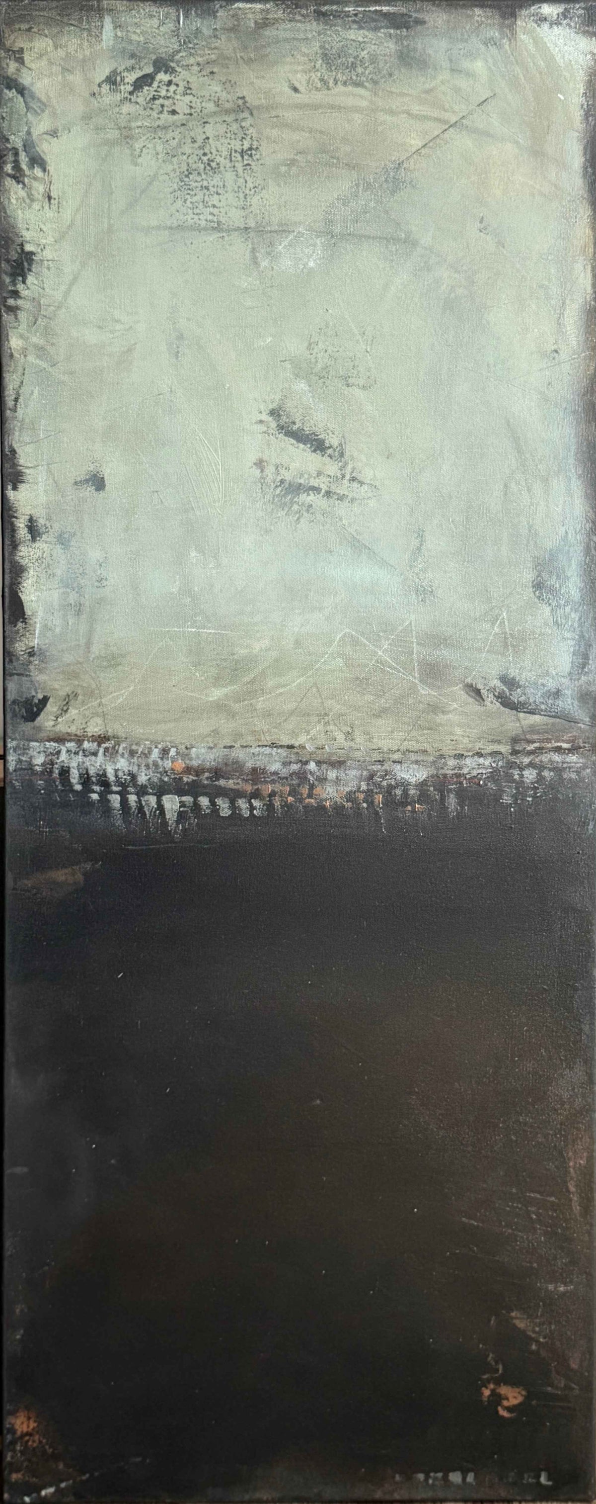 Abstract painting with a textured light gray upper section, a dark black lower field, and a rough transitional band of layered marks and muted tones.