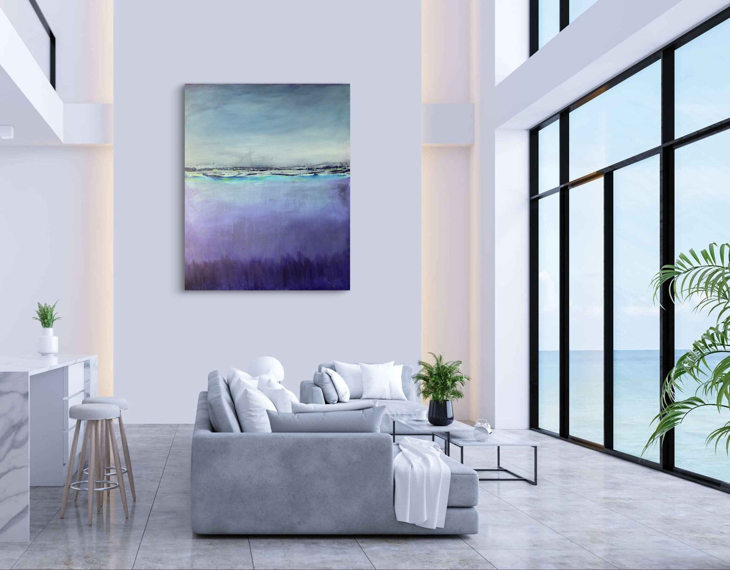 Framed abstract artwork titled Rising Up Like Emotion displayed in a modern interior.