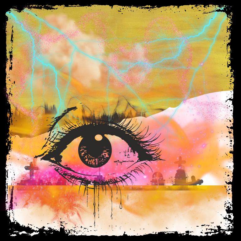 Surreal artwork with a large central eye, dripping texture, vibrant clouds of color, lightning-like streaks, and silhouetted structures below.