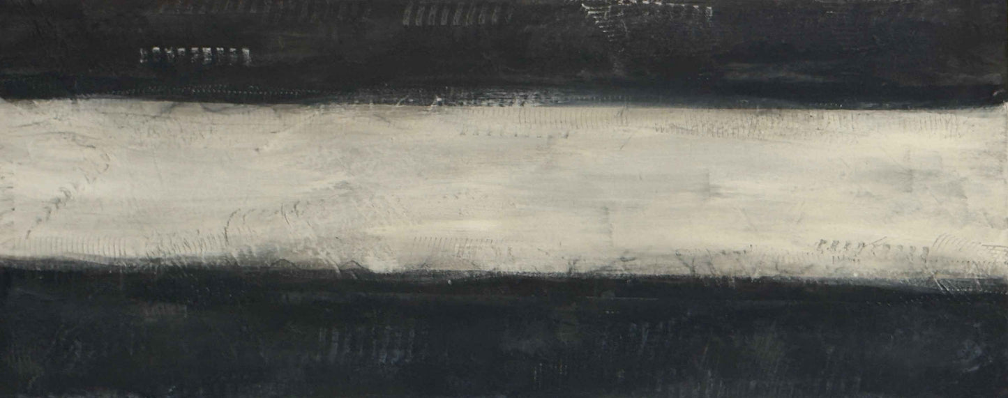 Abstract painting with a pale horizontal band framed by deep charcoal fields above and below, creating a quiet, high‑contrast minimalist composition.