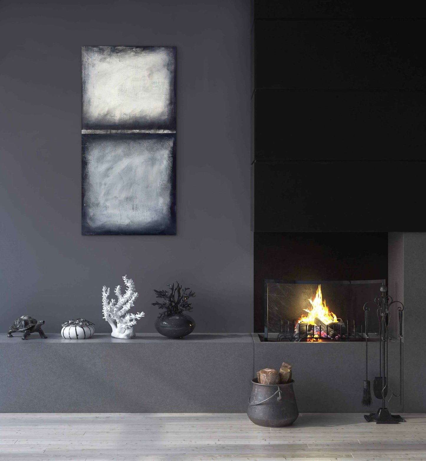 Large contemporary artwork in white, grey, and brown with a subtle midline
