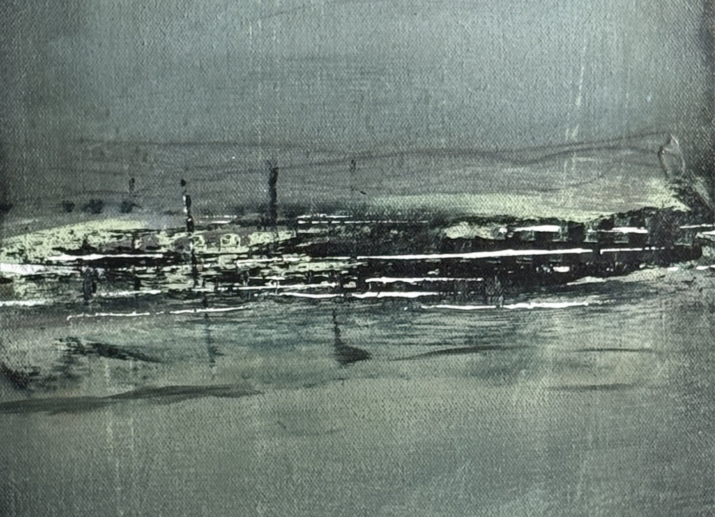 Moody abstract shoreline with deep blue water, muted neutral sky, and fine vertical marks rising along the horizon, creating a calm, atmospheric bayou-inspired composition.