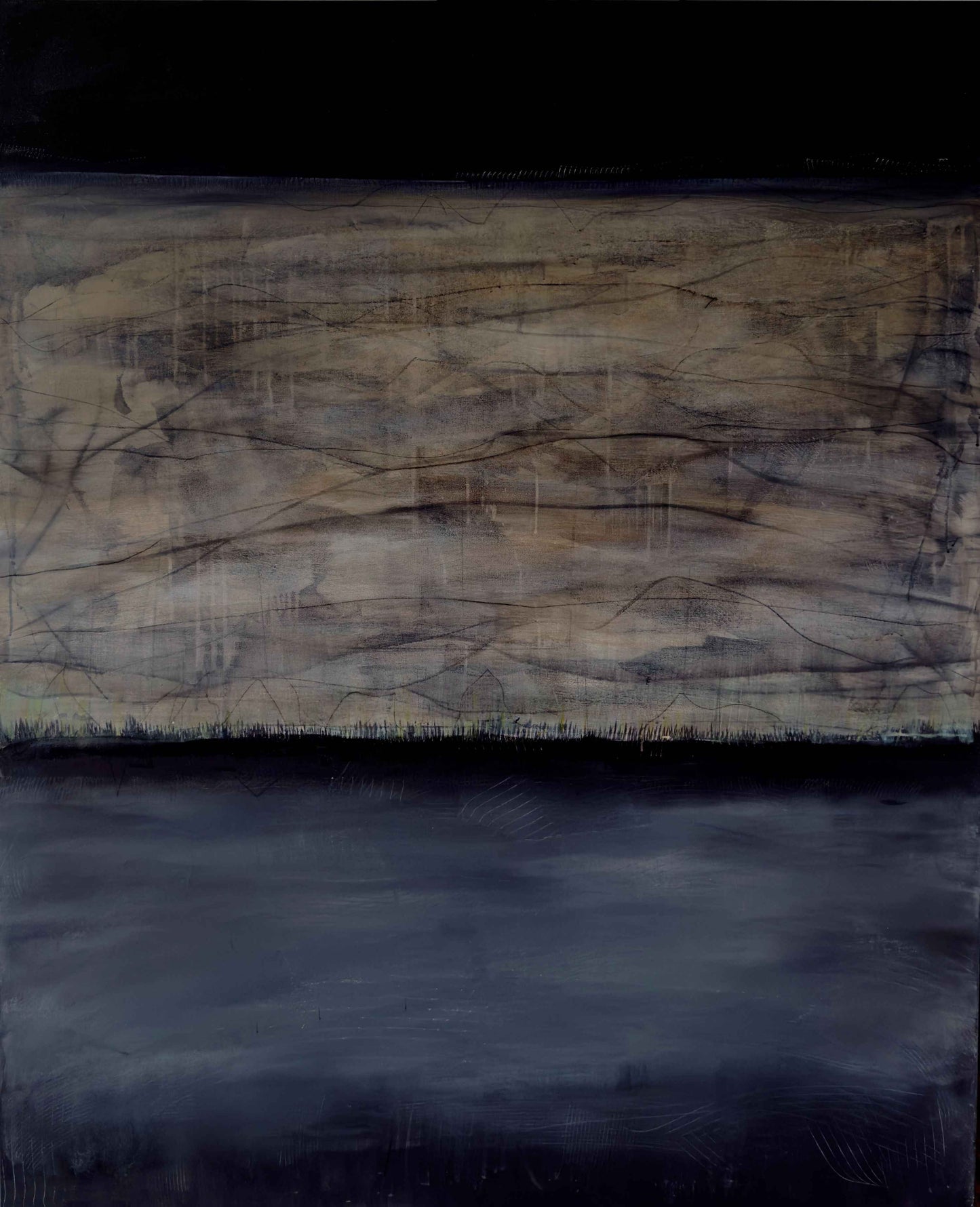 Abstract painting with a solid black top band, textured beige-gray middle section, and deep blue-black base with a jagged horizon.