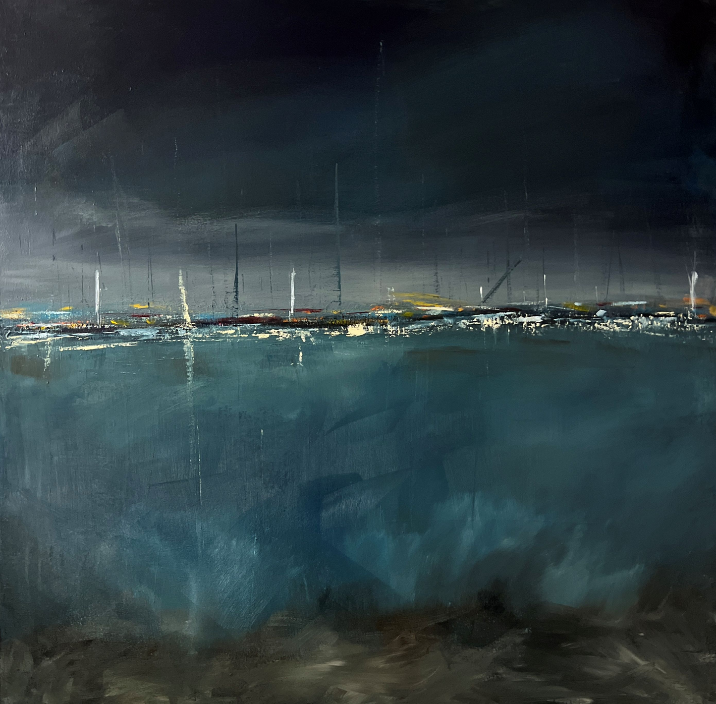 Abstract harbor scene with sailboat silhouettes, dark stormy sky, and deep blue water reflections