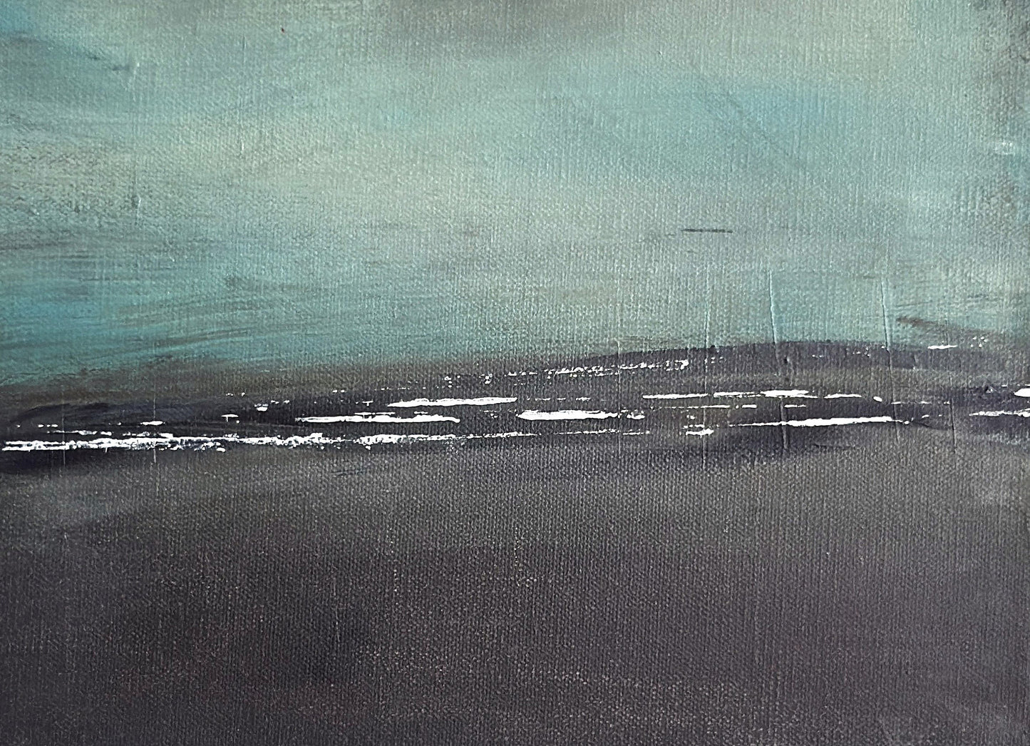 Minimal abstract artwork with cool blue‑gray tones, soft layered texture, and subtle drifting movement creating a calm, misty composition.