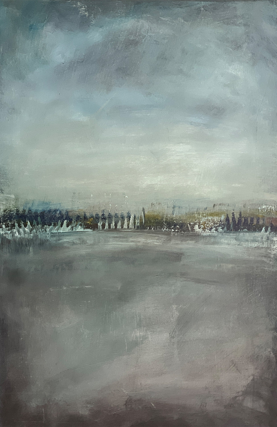 Minimal abstract painting with soft, pale palette and subtle gradients.