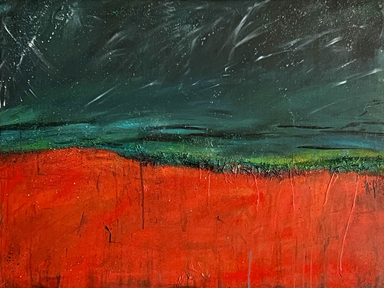 Abstract painting with vivid red-orange foreground, layered green and blue midsection, and dynamic stormy sky.