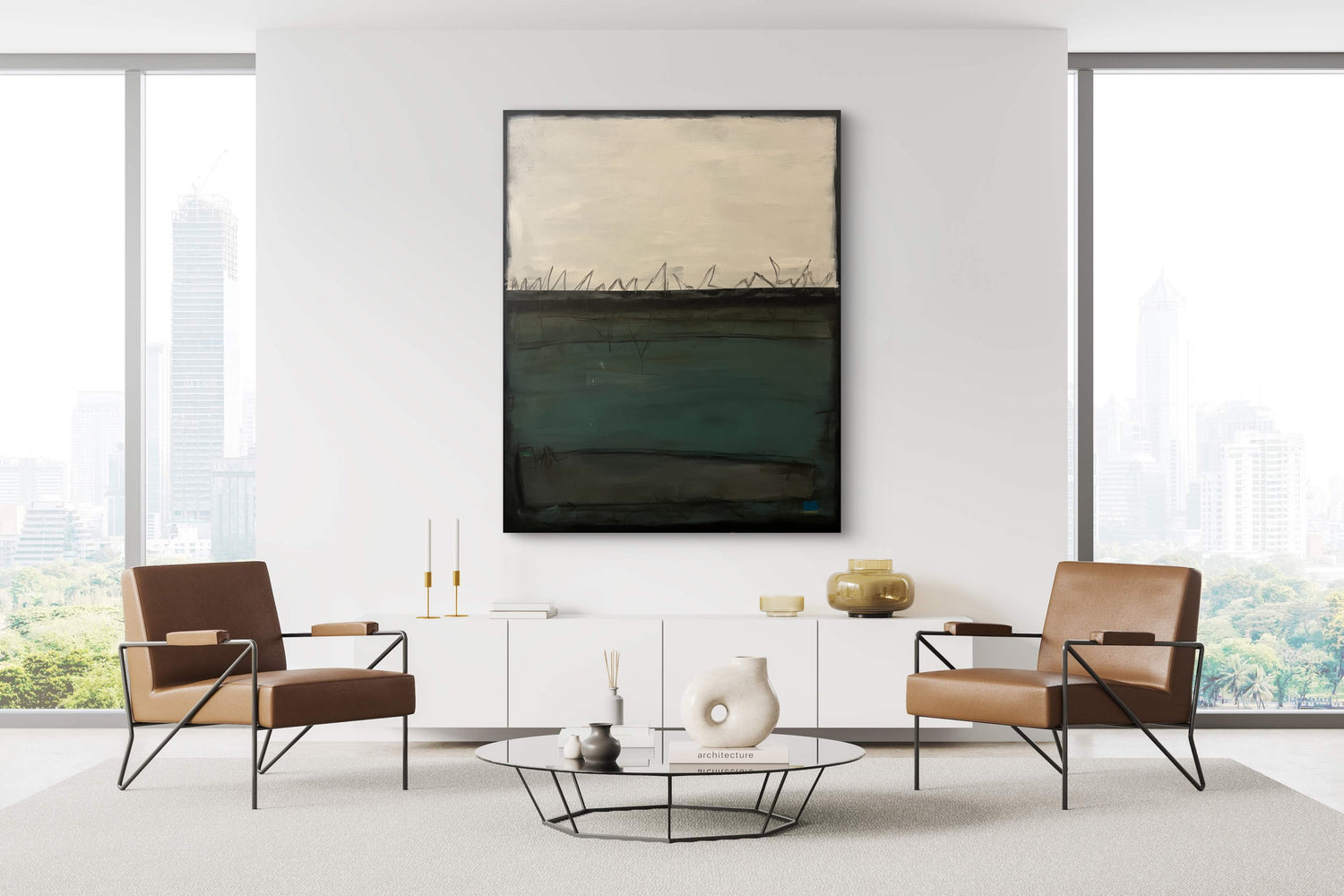 Minimalist abstract artwork featuring pale upper tones, deep green‑blue bands, and striking black vertical lines arranged in a structured, architectural layout.