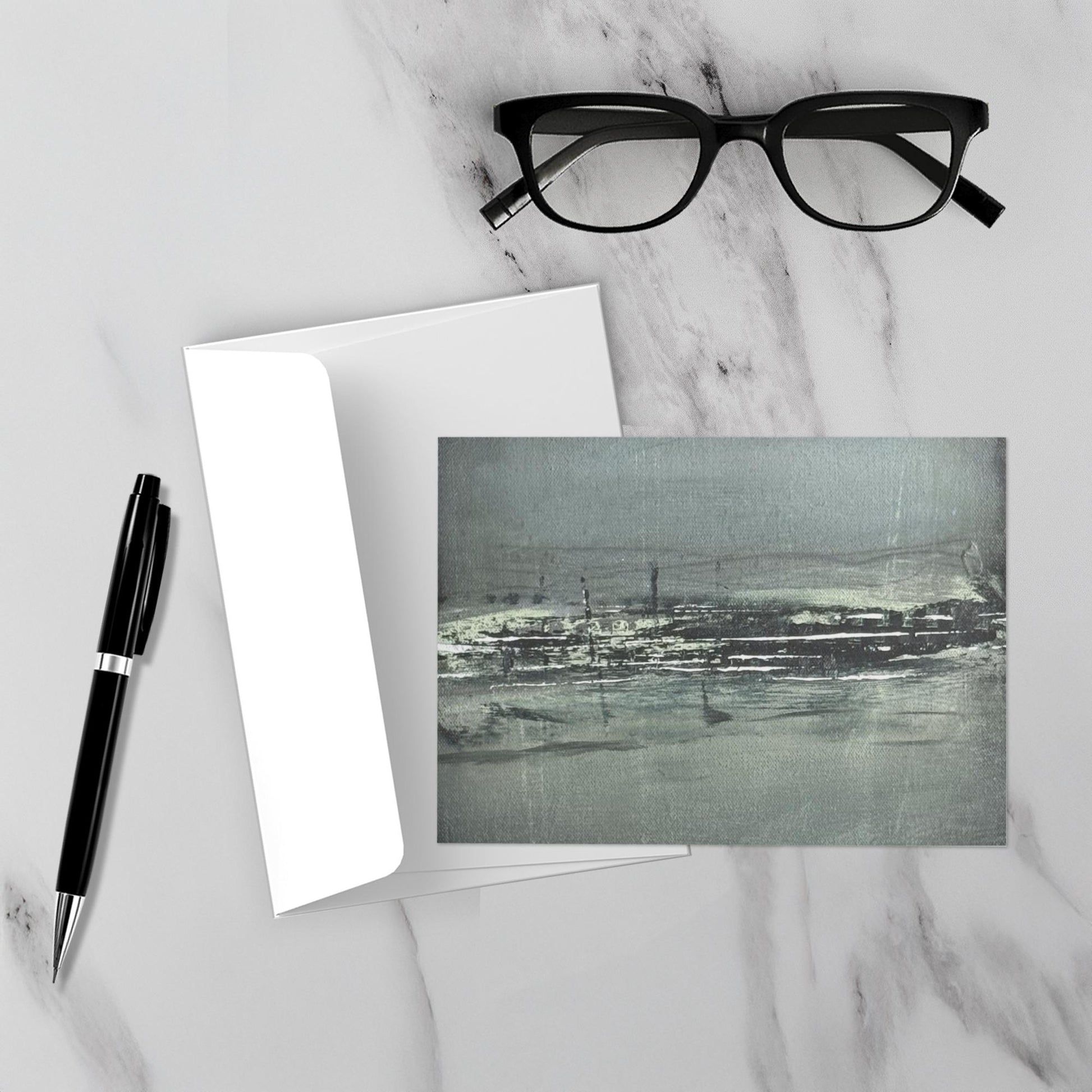 Moody abstract shoreline artwork displayed unframed in a modern interior, featuring deep blue water, a soft neutral sky, and subtle vertical marks along the horizon.