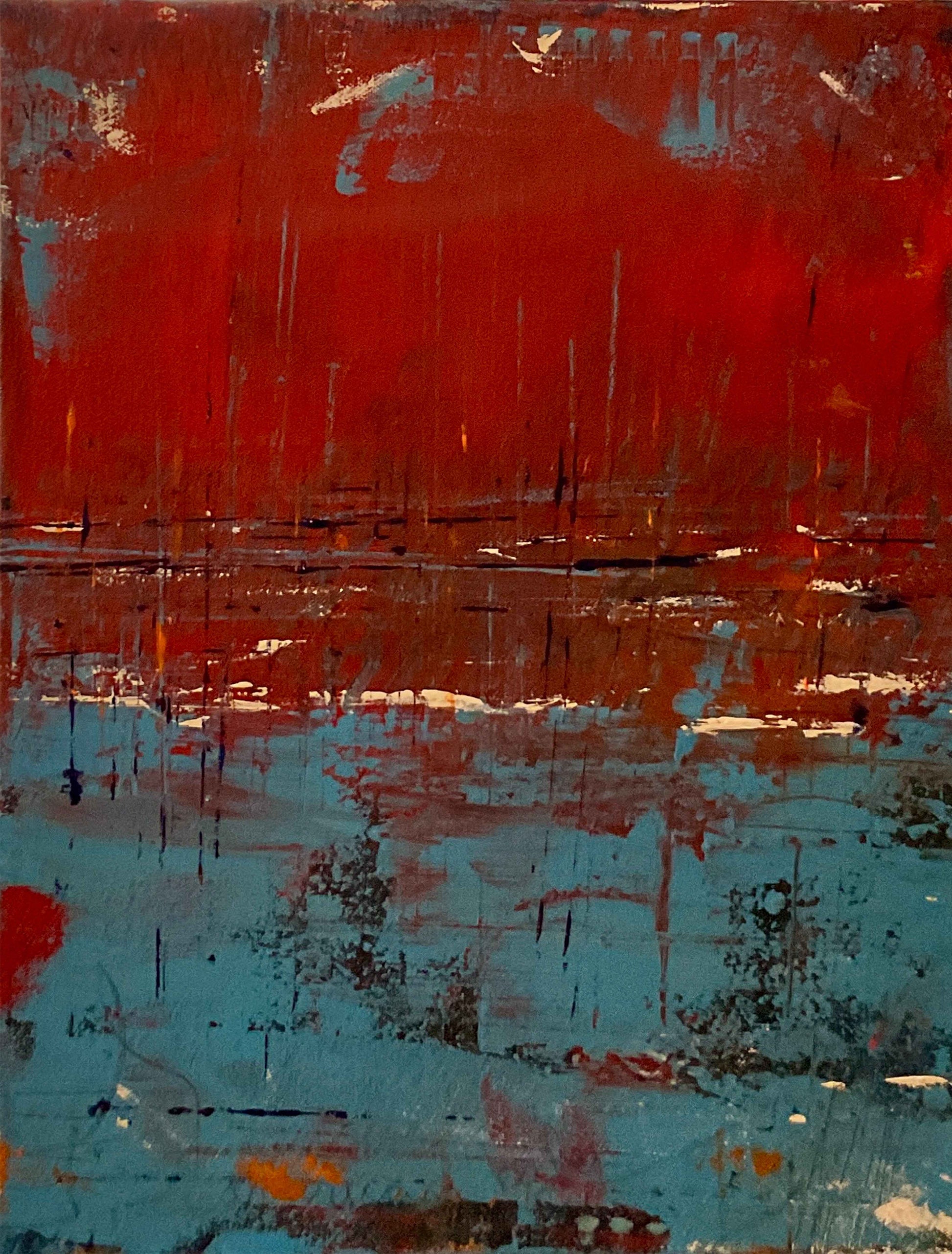 Abstract painting with layered texture, expressive marks, and contrasting upper and lower sections.