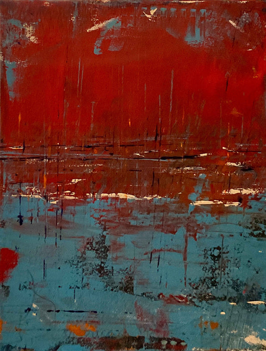 Abstract painting with layered texture, expressive marks, and contrasting upper and lower sections.