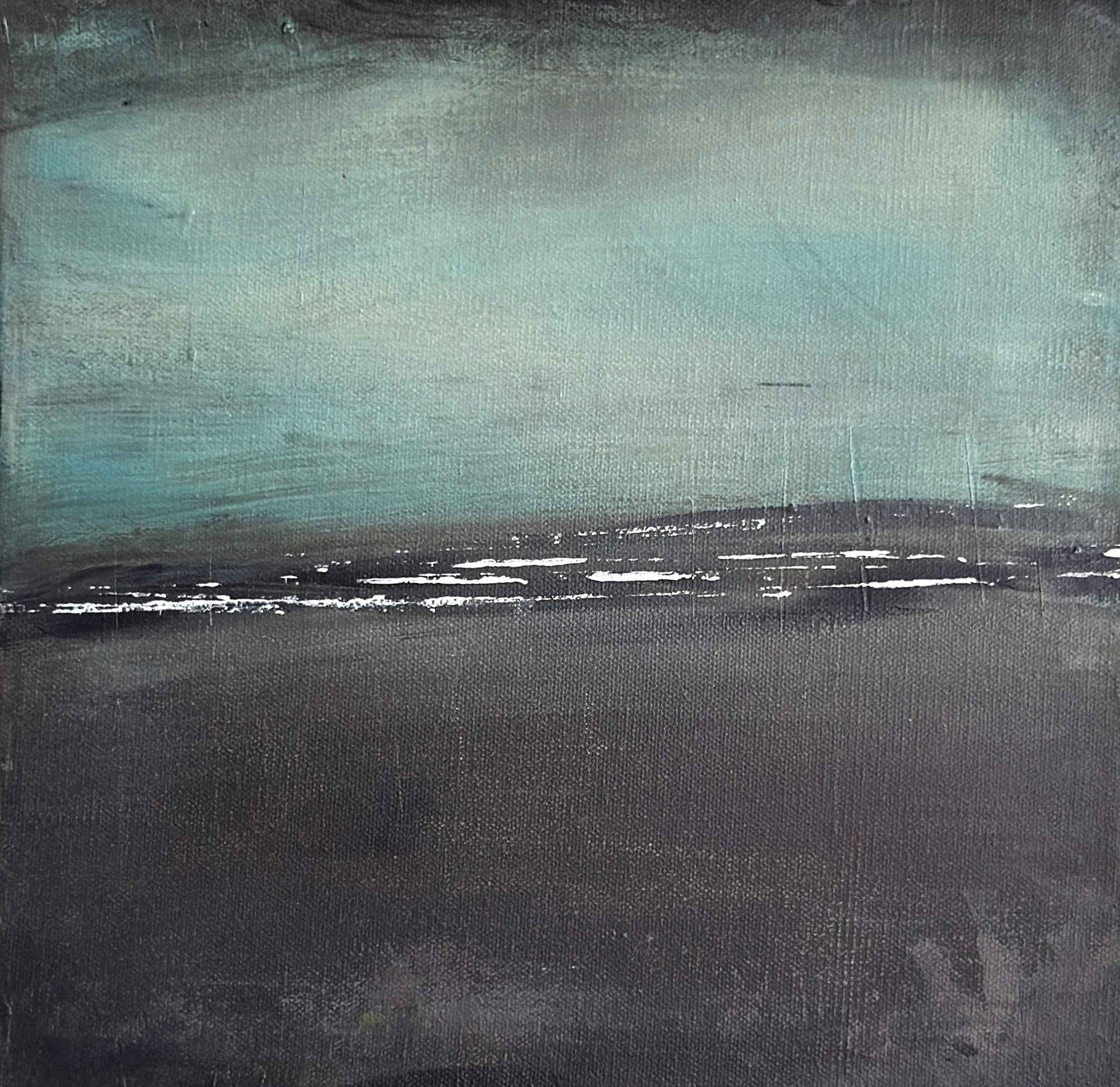 Original 12x12 abstract painting in cool teal and grey tones with soft, atmospheric texture, styled as modern wall art for contemporary home décor.