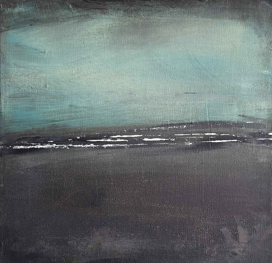 Original 12x12 abstract painting in cool teal and grey tones with soft, atmospheric texture, styled as modern wall art for contemporary home décor.