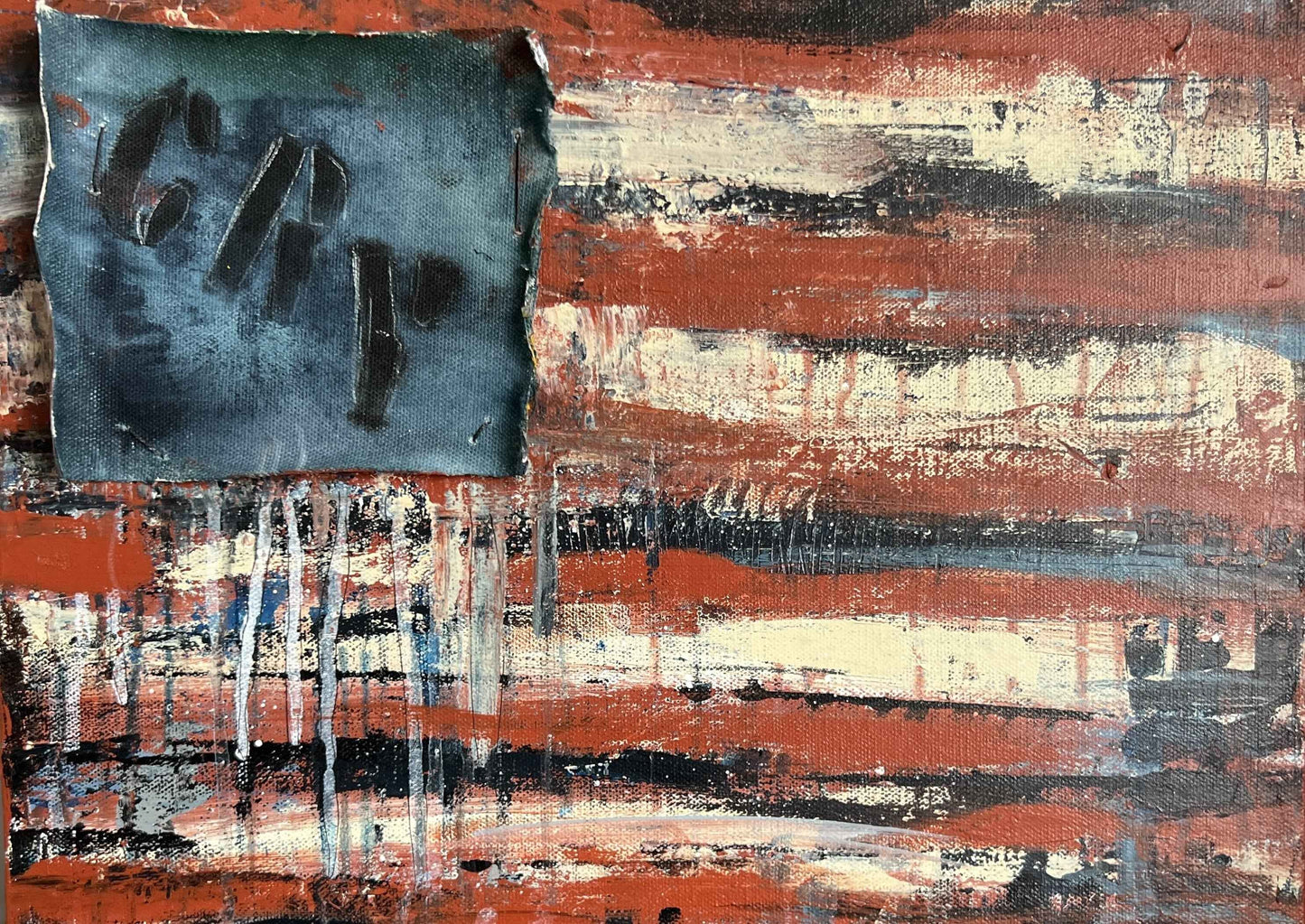 Abstract painting with layered horizontal bands and textured surface, featuring embedded text and expressive marks.