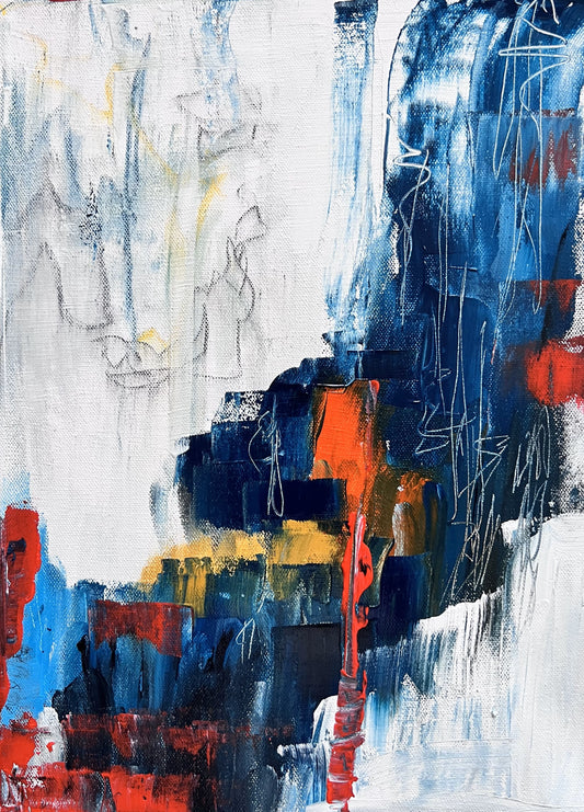 Abstract painting with layered brushstrokes, scribbled white lines, and bold color blocks creating dynamic texture.