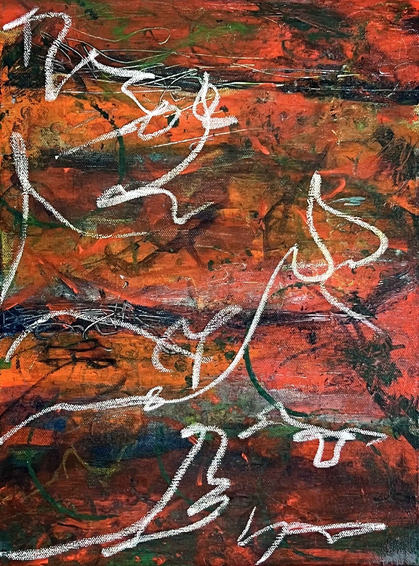 Abstract painting with layered brushstrokes and gestural white lines over a textured surface of warm and earthy tones.