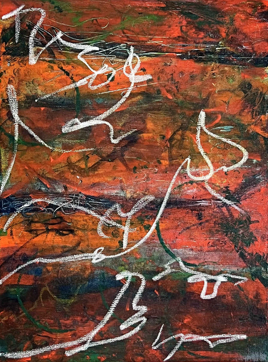 Abstract painting with layered brushstrokes and gestural white lines over a textured surface of warm and earthy tones.