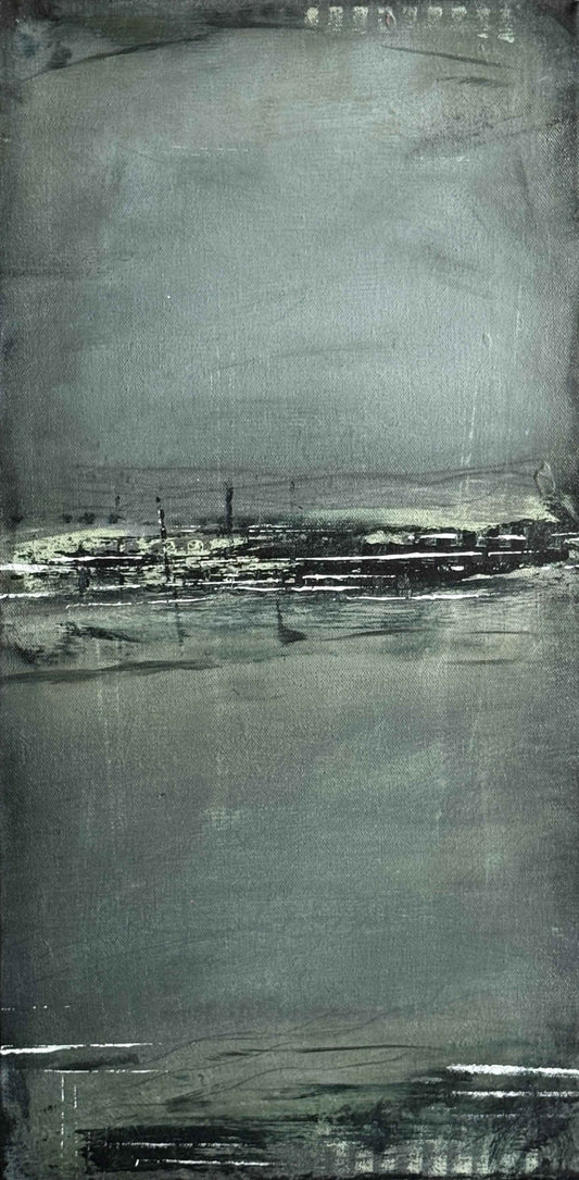 Original 12x24 abstract painting in deep moody blues with soft horizon-like texture and atmospheric layers, styled as modern wall art for contemporary home décor.