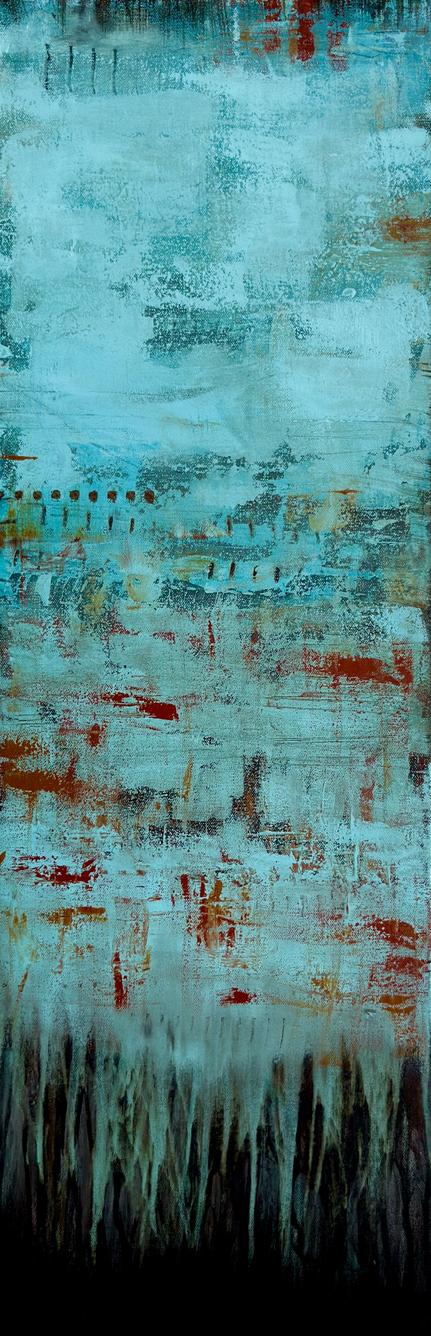 Fading Recollections, 12x36" vertical abstract painting by Michelle Ramos. Layered turquoise and muted blues with warm rust and ochre tones, featuring delicate drips and weathered texture.
