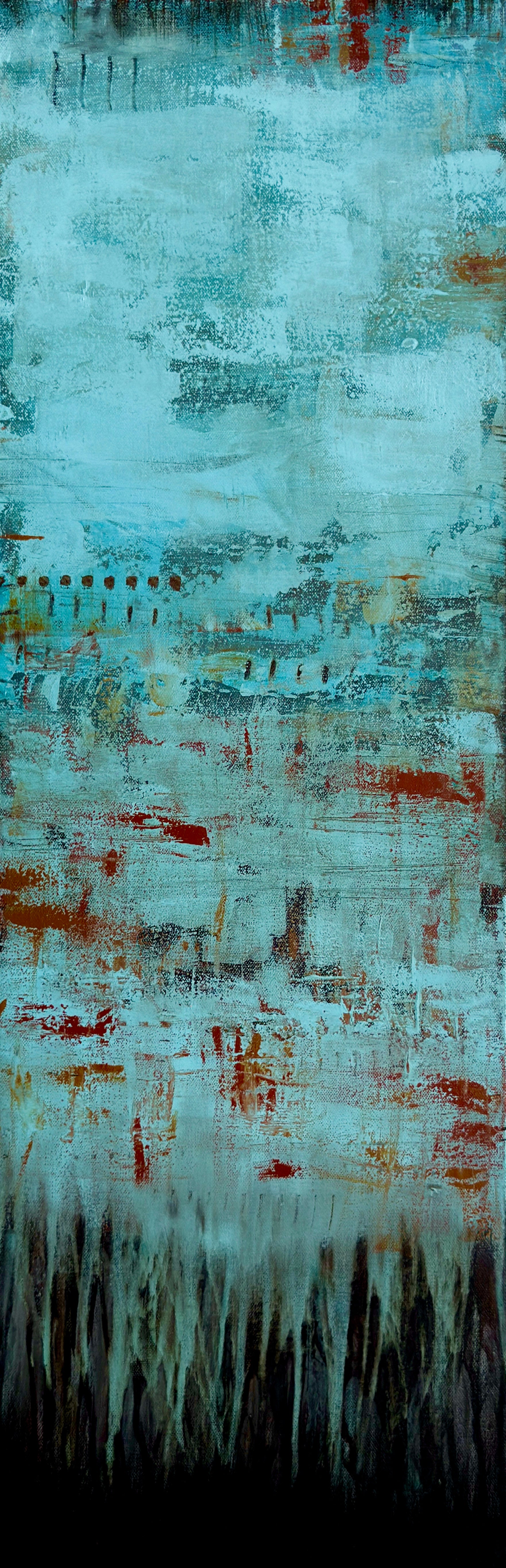 Fading Recollections, 12x36" vertical abstract painting by Michelle Ramos. Layered turquoise and muted blues with warm rust and ochre tones, featuring delicate drips and weathered texture.